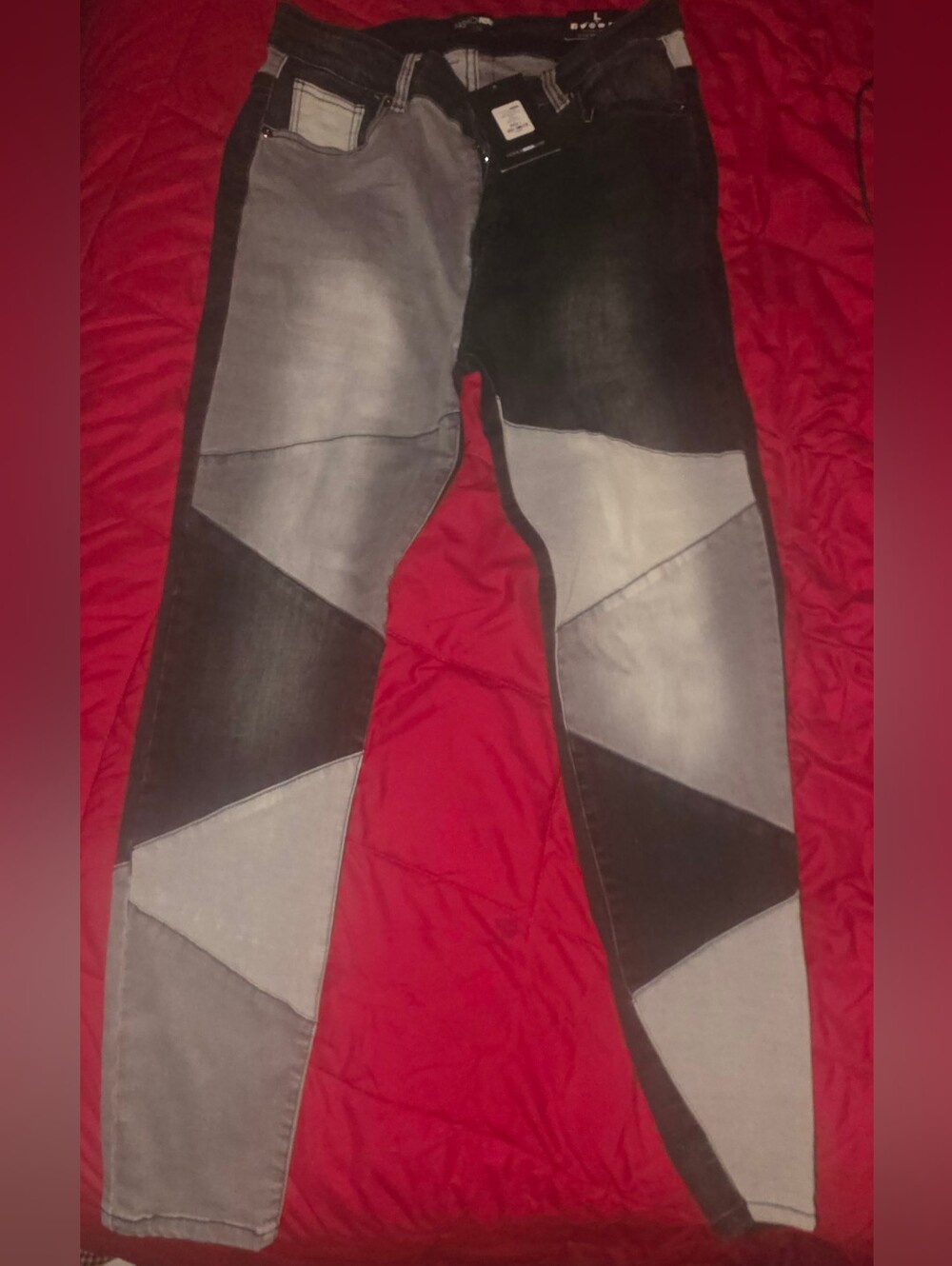 Two-Tone Patchwork Jeans - Black & Light Gray Stretchy Skinny